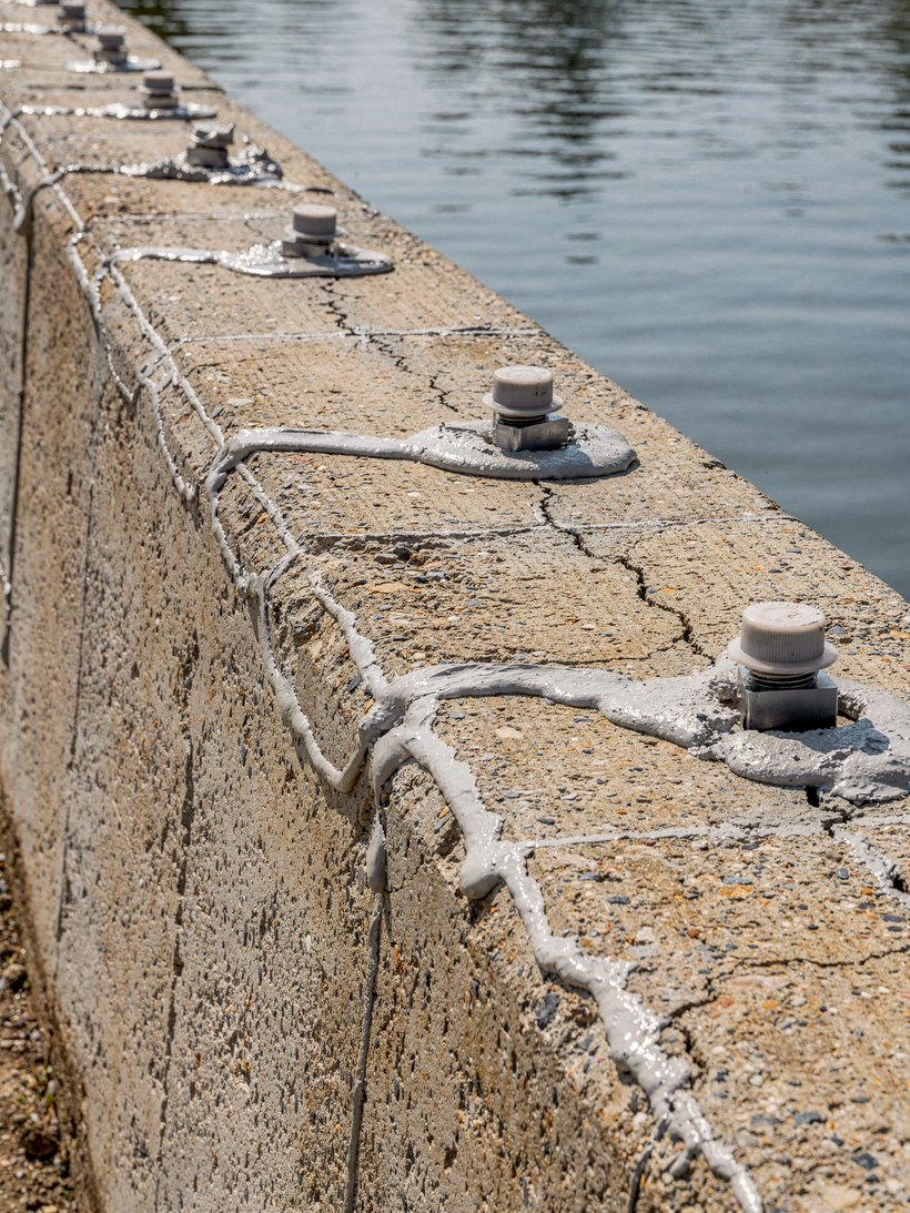 Seawall repair work on a Tampa Bay canal wall
